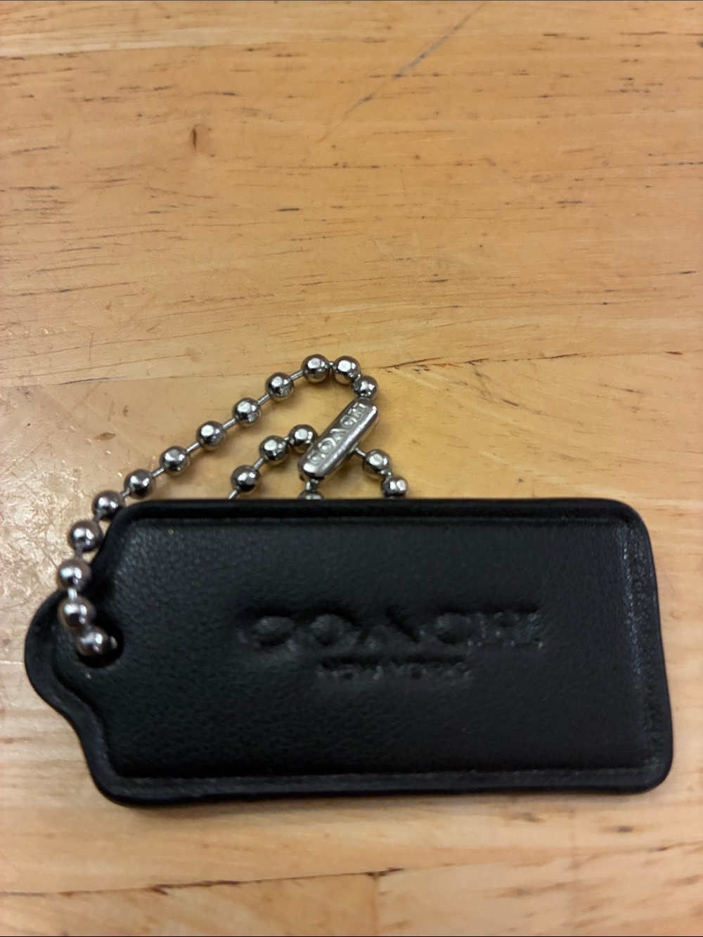 Coach Black Leather hang Tag with Silver Chain Says Coach on tag & chain NEW